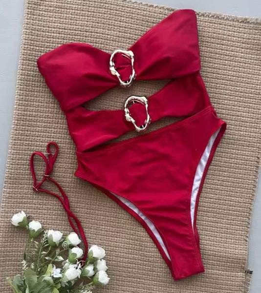 Women Sexy Gold Medal Strapless Cut Out Swimsuit