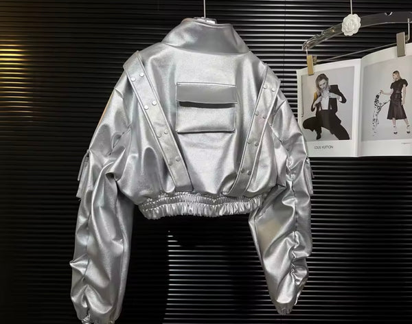 Women Fashion Rivet Faux Leather Jacket