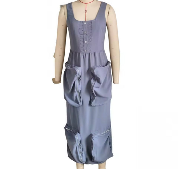 Women Sexy Sleeveless Gray Cargo Maxi Dress