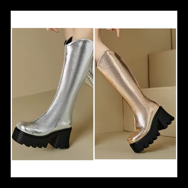 Women Fashion Metallic Zip Up Platform Knee High Boots