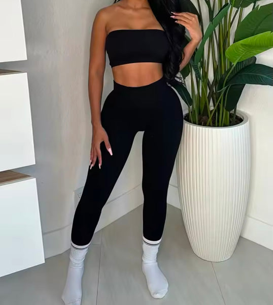 Women Sexy Strapless Solid Color Ribbed Two Piece Pant Set