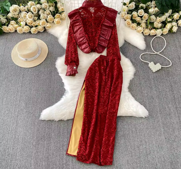 Women Sexy Lace PU Rivet Button Up Two Piece Maxi Skirt Set