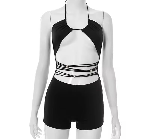 Women B&W Fashion Faux Leather Patchwork Two Piece Romper Set