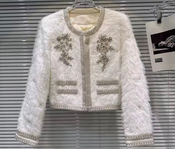 Women White Rhinestone Sequins Quilted Blazer Two Piece Skirt Set