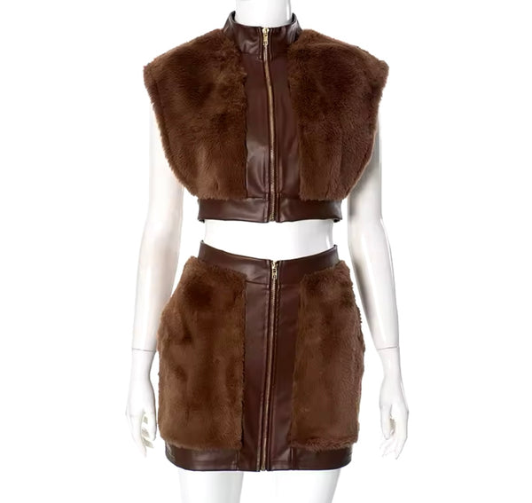 Women Sexy Sleeveless PU Faux Fur Two Piece Skirt Set