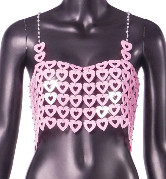 Women Sexy Sleeveless Pink Heart Chain Crop Top