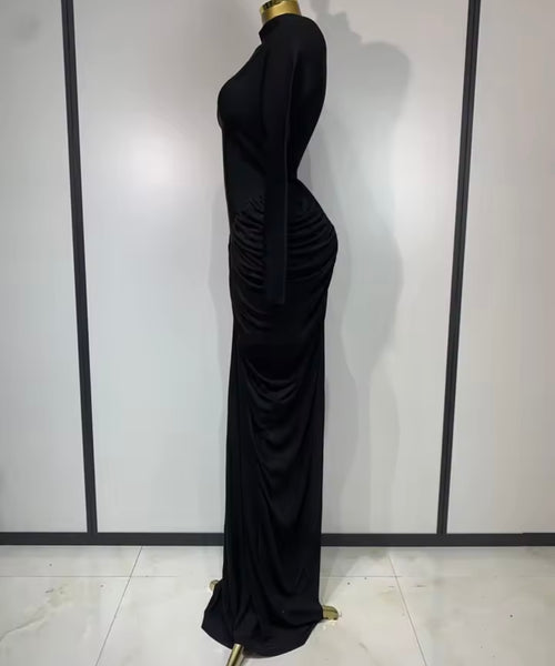 Women Sexy Solid Color Ruched Full Sleeve Maxi Dress