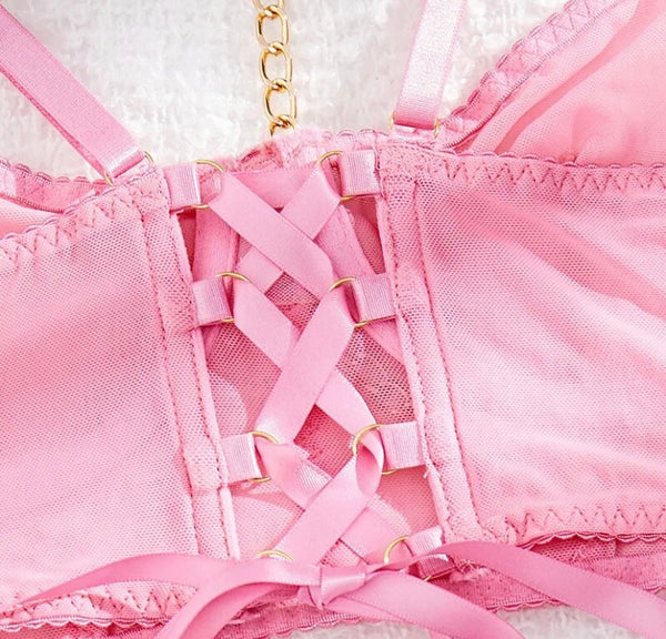 Women Sexy Pink Chain Mesh Lingerie Set