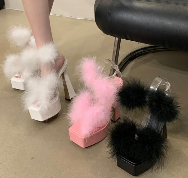 Women Fashion Faux Fur Platform High Heel Sandals