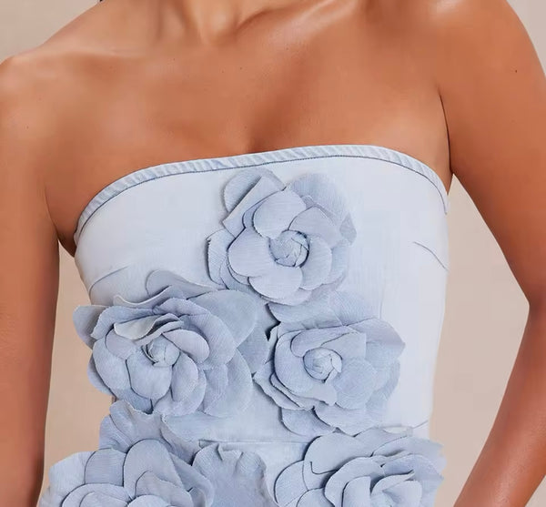 Women Sexy Strapless 3D Floral Denim Dress