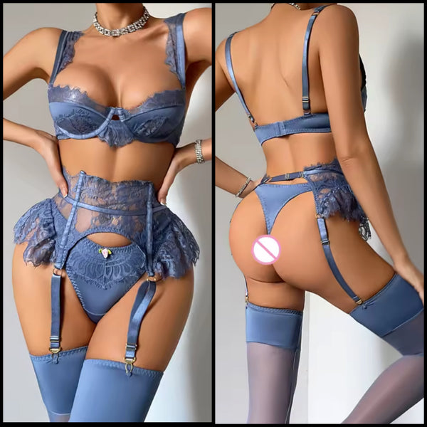 Women Sexy Blue Lace Lingerie Set