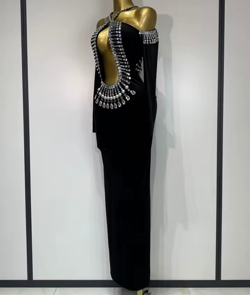 Women Sexy Black Bling Crystal Halter Full Sleeve Maxi Dress