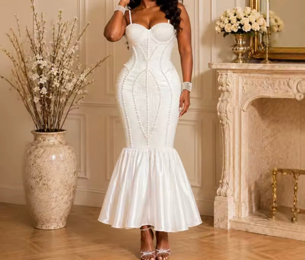 Women Sexy Sleeveless Pearl Rhinestone Mermaid Maxi Dress