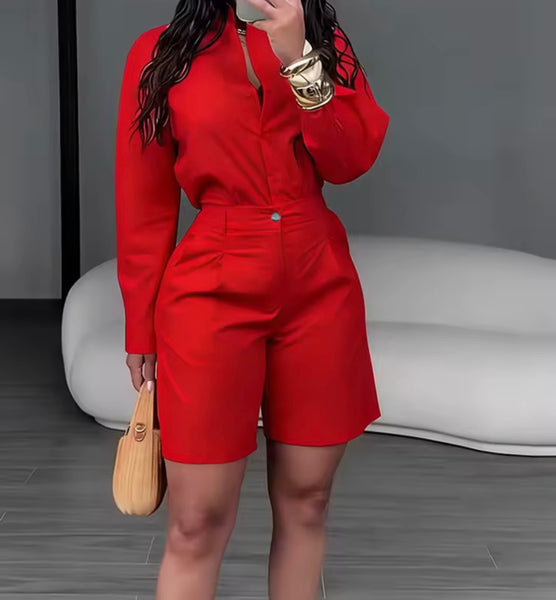 Women Color Fashion Button Up Two Piece Short Set
