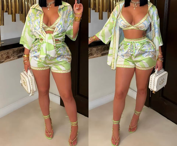 Women Sexy Colorful Printed Three Piece Short Set