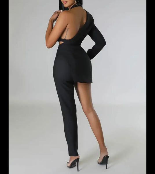 Women Black Sexy Fashion One Side Cut Out Full Sleeve Jumpsuit