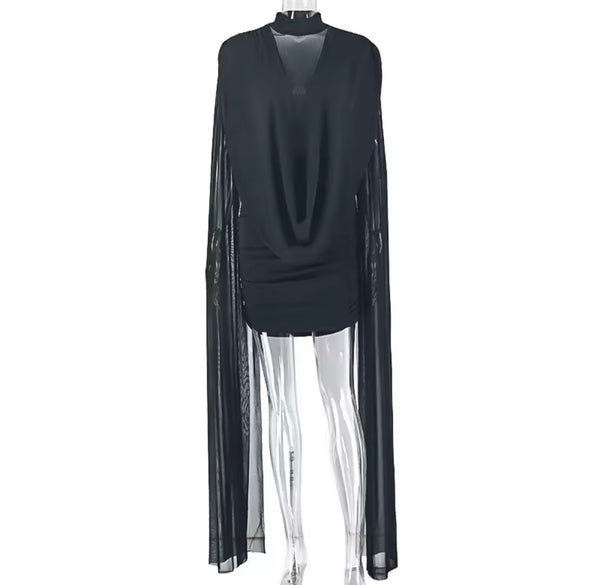 Women Black Sexy Draped Mesh Dress