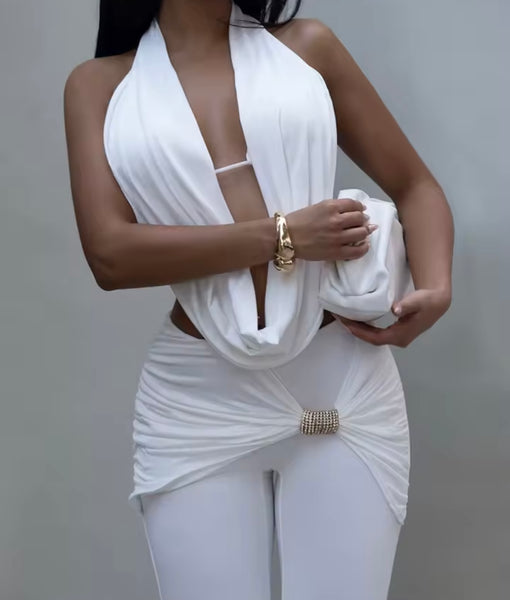 Women Sexy Halter Sleeveless Two Piece Bling Wrap Pant Set