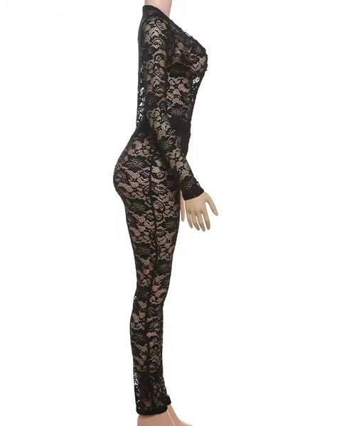 Women Sexy V-Neck Full Sleeve Bodysuit Two Piece Lace Pant Set