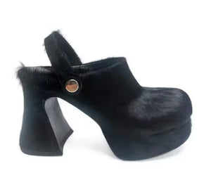 Women Color Fashion Furry Platform Slide On High Heel Shoes