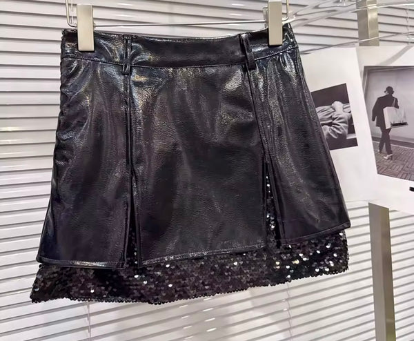 Women Sexy Full Sleeve Two Piece Sequins PU Leather Skirt Set