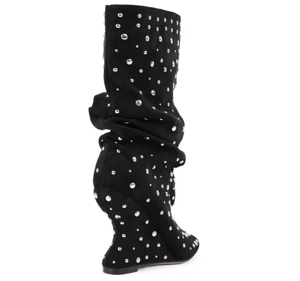Women Fashion Open Toe Rivet Wedge Ruched Knee High Boots
