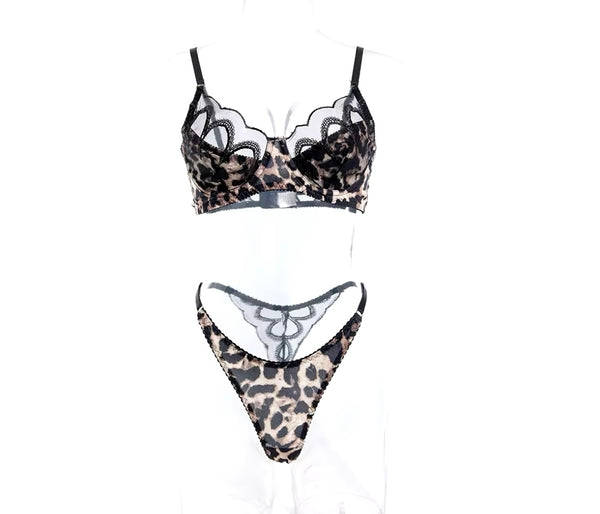 Women Sexy Leopard Print Mesh Thong Lingerie Set