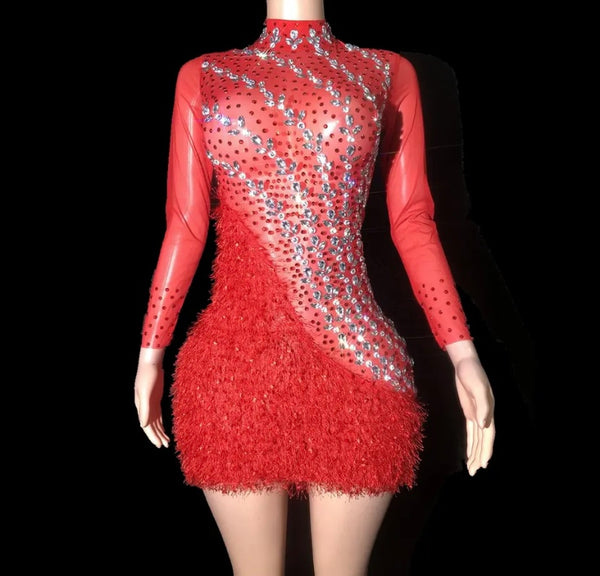 Women Sexy Red Bling Mesh Patchwork Full Sleeve Velour Dress