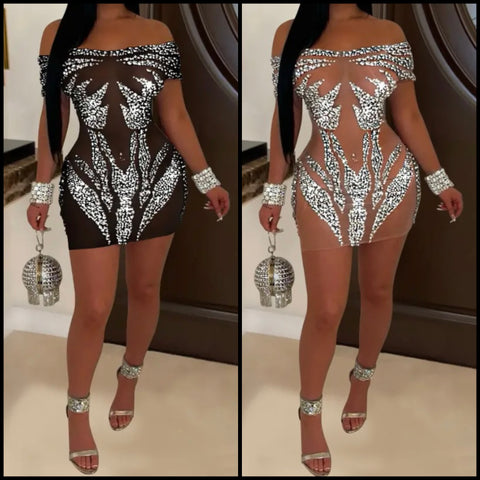 Women Sexy Mesh Bling Off The Shoulder Dress