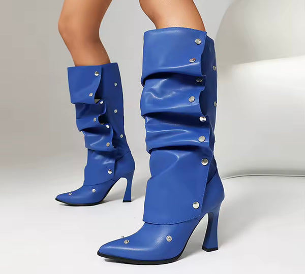 Women Fashion Color Button Ruched Knee High Boots