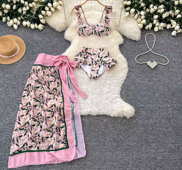 Women Pink Floral Bikini Cover Up Set