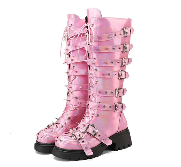 Women Fashion Platform Buckled Lace Up Knee High Boots