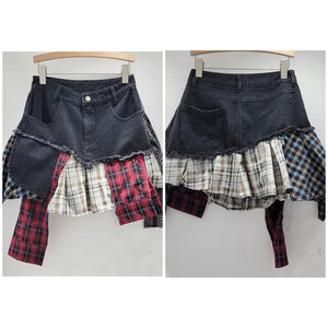 Women Fashion Denim Plaid Patchwork Skirt