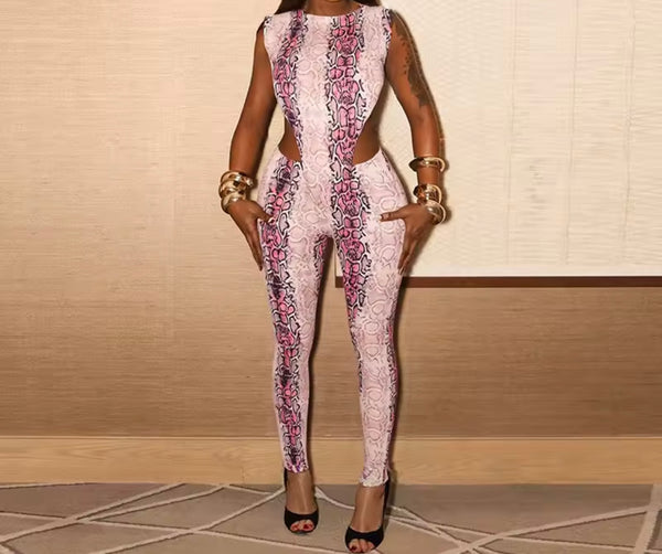 Women Sexy Sleeveless Pink Serpentine Two Piece Pant Set