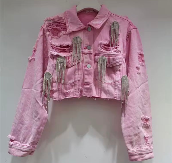 Women Fashion Pink Rhinestone Tassel Denim Two Piece Skirt Set