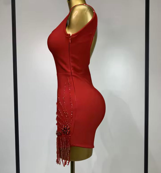 Women Sexy Sleeveless Red Beaded Tassel Dress