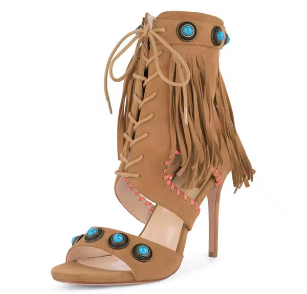 Women Open Toe Rivet Fringe Lace Up High Heel Ankle Boots