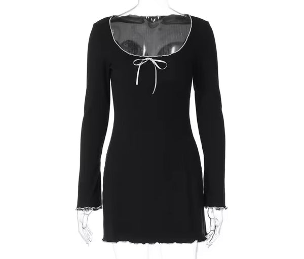 Women B&W Bow Ribbed Fashion Full Sleeve Dress