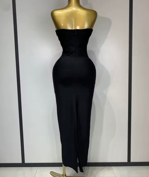 Women Sexy Strapless Crystal Rhinestone Black Maxi Dress