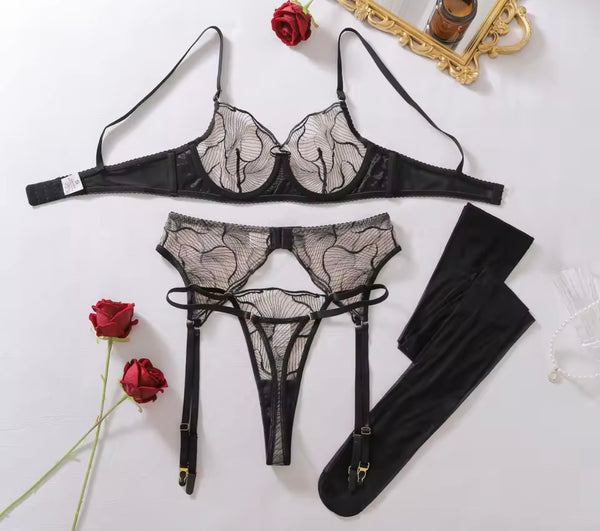 Women Sexy Black Printed Mesh Lingerie Set