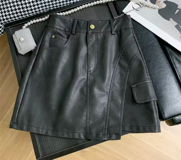 Women Fashion Color PU Leather Skirt