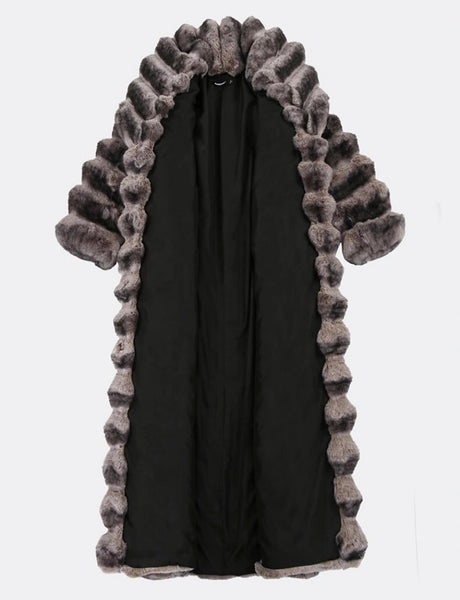 Women Warm Gray Fashion Faux Fur Trench Jacket