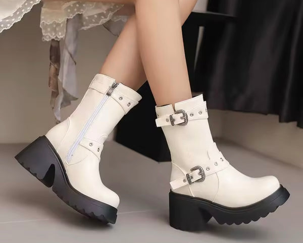 Women Fashion Double Buckle Platform Ankle Boots