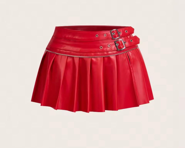 Women Sexy Fashion Buckled Pleated Faux Leather Skirt