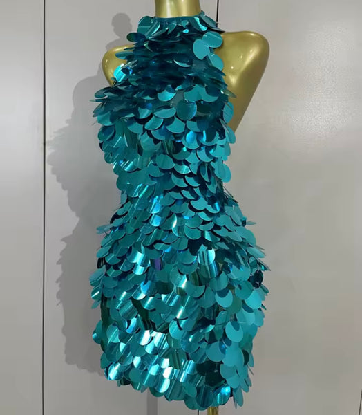 Women Sexy Sequins Halter Sleeveless Open Back Dress