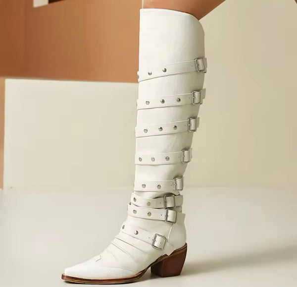 Women Fashion Color Buckled Knee High Western Boots