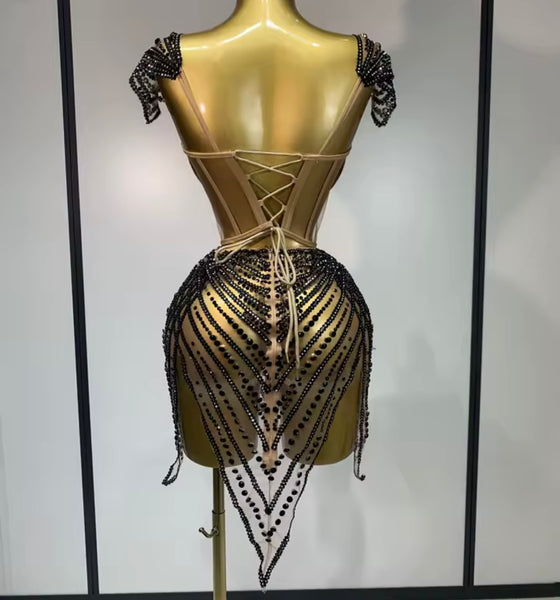 Women Sexy Strapless Rhinestone Mesh Lace Up Dress