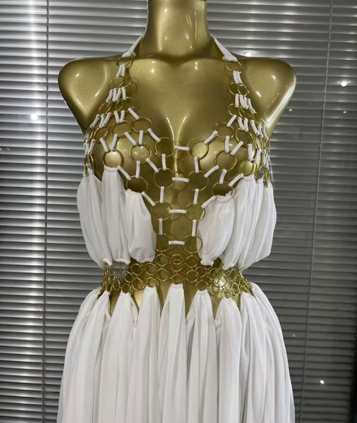 Women Sexy Halter Sleeveless Metal Ring Chiffon Maxi Dress