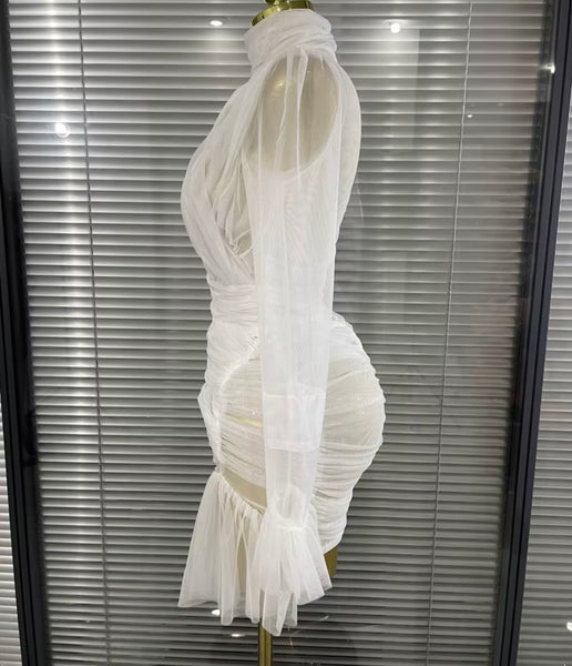 Women White Sexy Ruffled Ruched Mesh Full Sleeve Dress