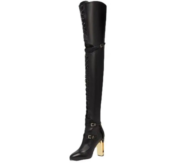 Women Black Gold Heel Fashion Lace Up Thigh High Boots